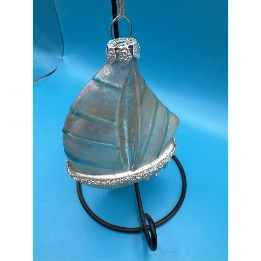 Pottery Barn Sailboat Christmas Tree Ornament‎ Nautcial Coastal Glass Decor Kids